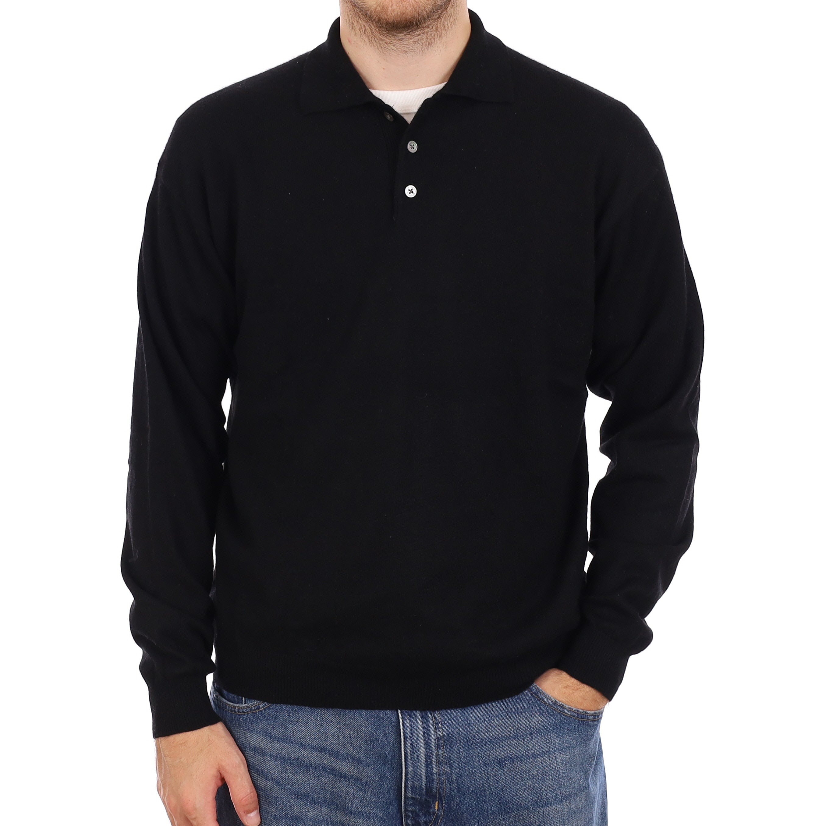 Men's Black Cashmere Buttoned Collared V Neck Jumper Large
