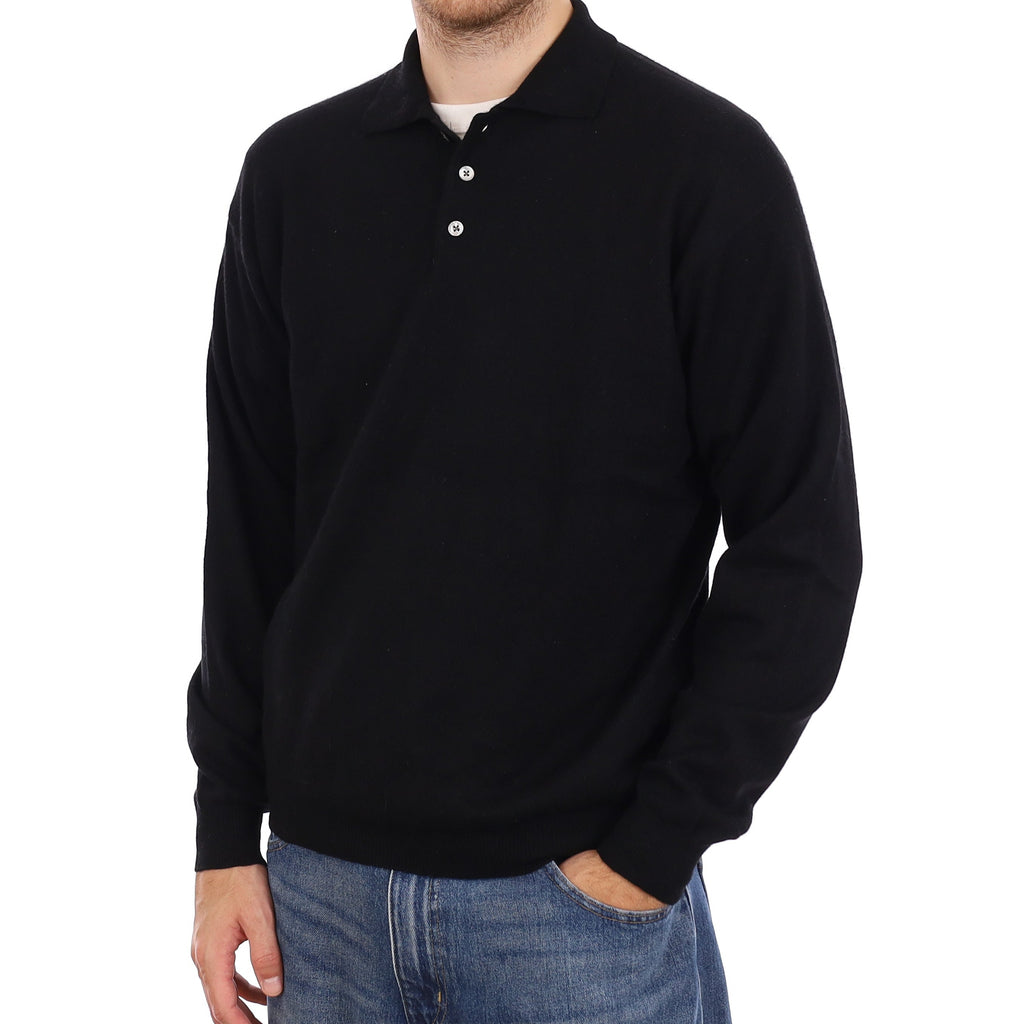 Men's Black Cashmere Buttoned Collared V Neck Jumper Large