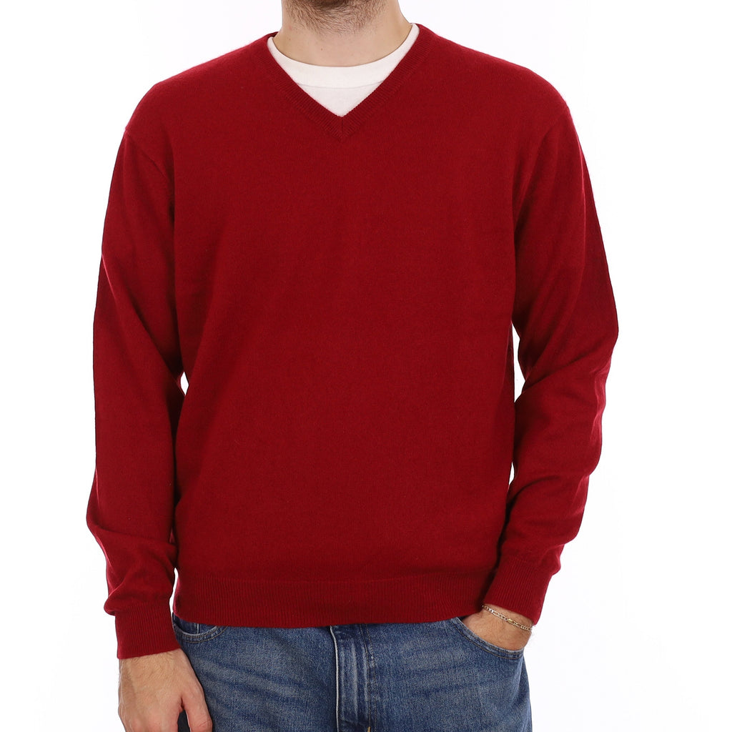 Men's Crimson Red Cashmere V Neck Jumper Large