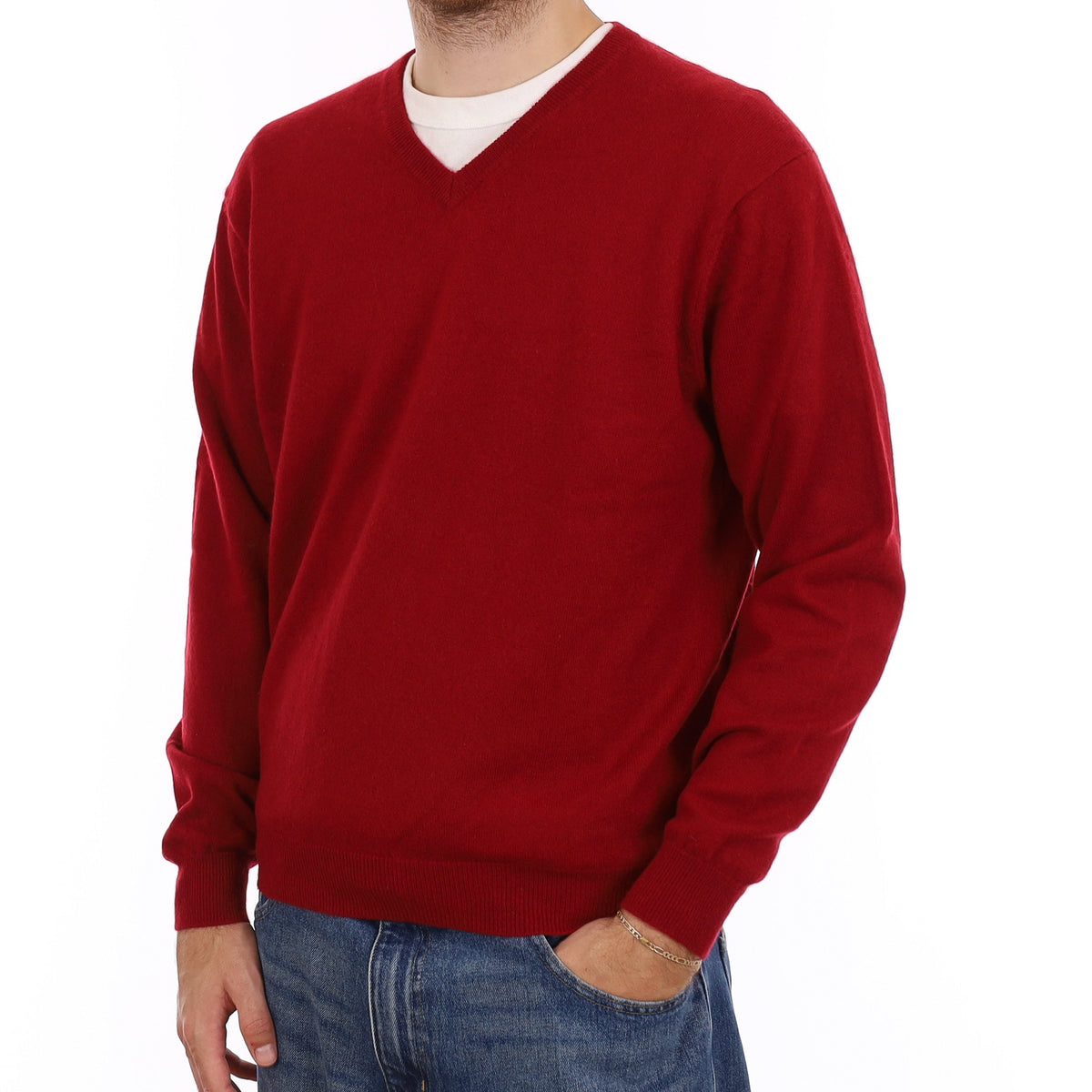 Men's Crimson Red Cashmere V Neck Jumper Large