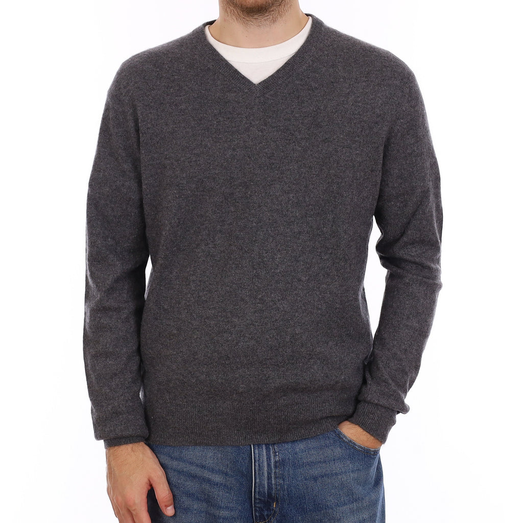 Men's Slate Grey Cashmere V Neck Jumper Large