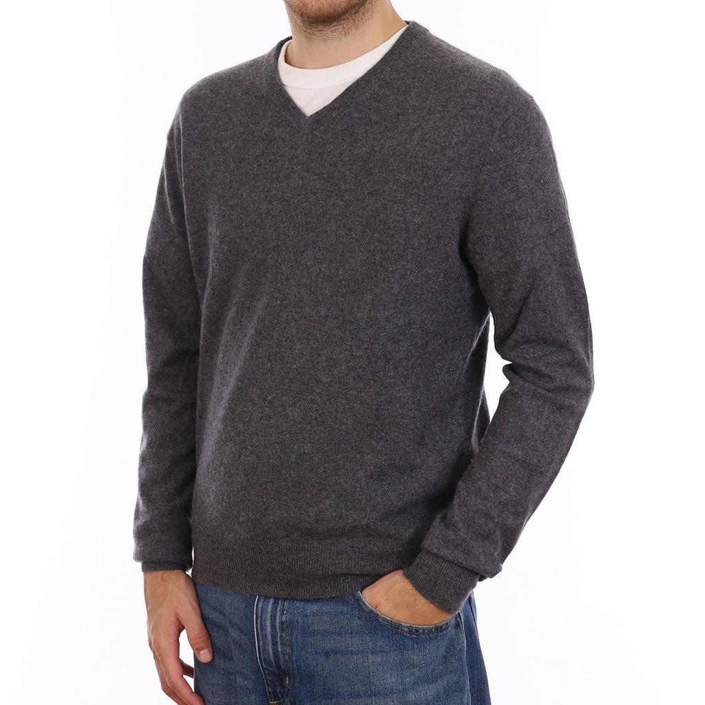 Men's Slate Grey Cashmere V Neck Jumper Large