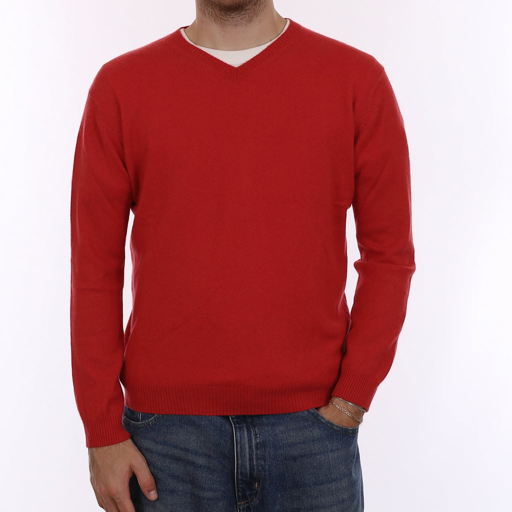 Men's Raspberry Red Cashmere V Neck Jumper Large