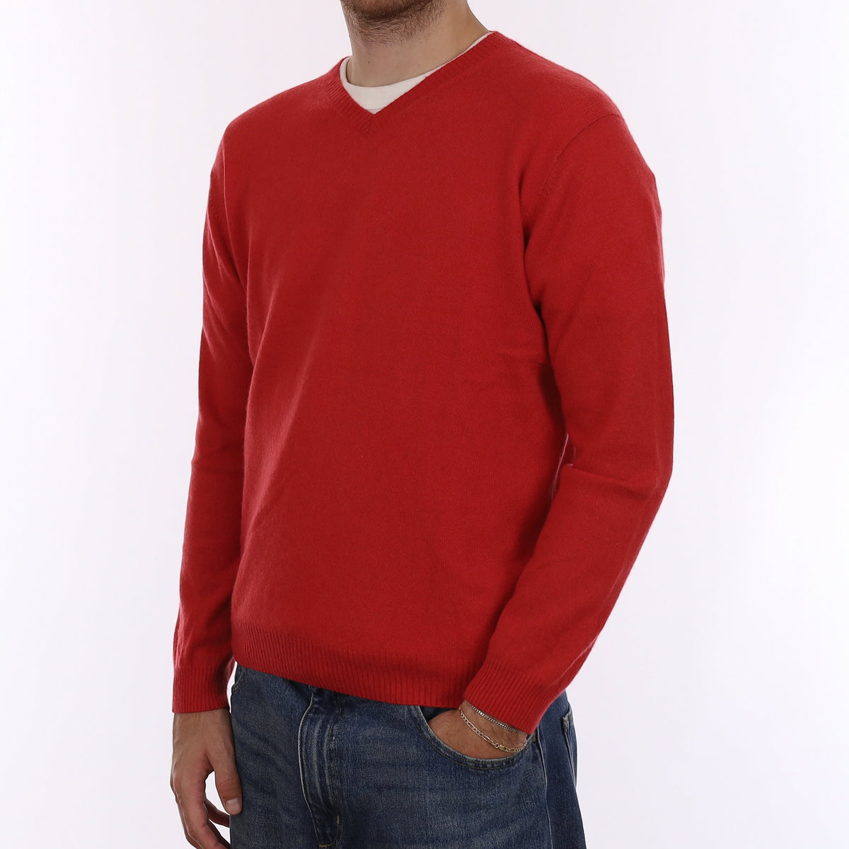 Men's Raspberry Red Cashmere V Neck Jumper Large