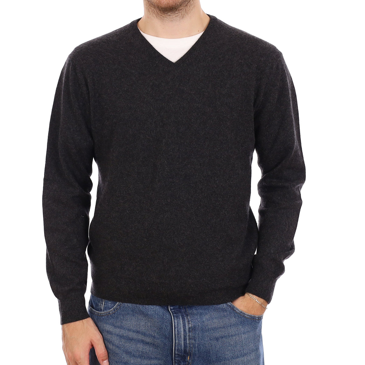 Men's Charcoal Grey Cashmere V Neck Jumper Large