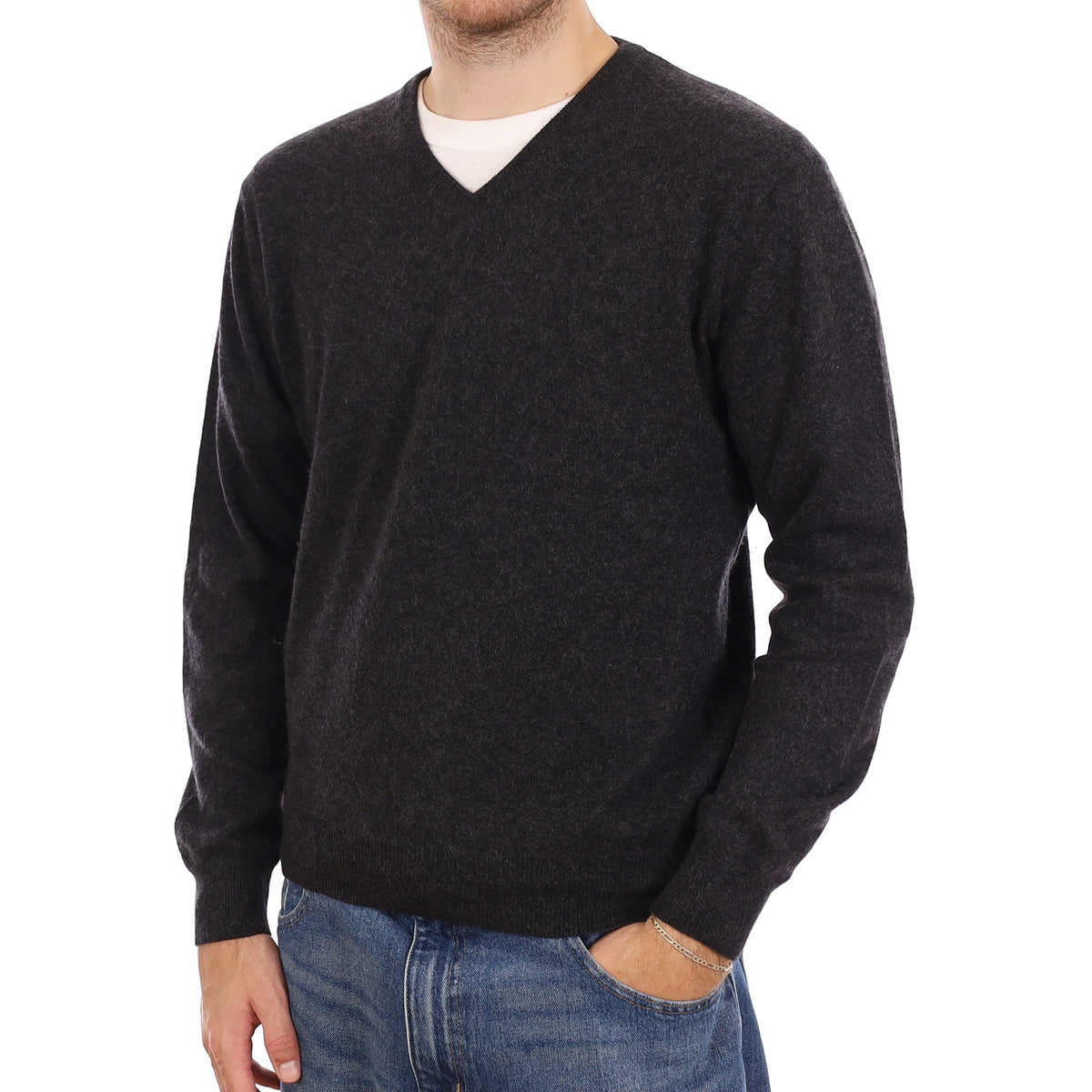Men's Charcoal Grey Cashmere V Neck Jumper Large