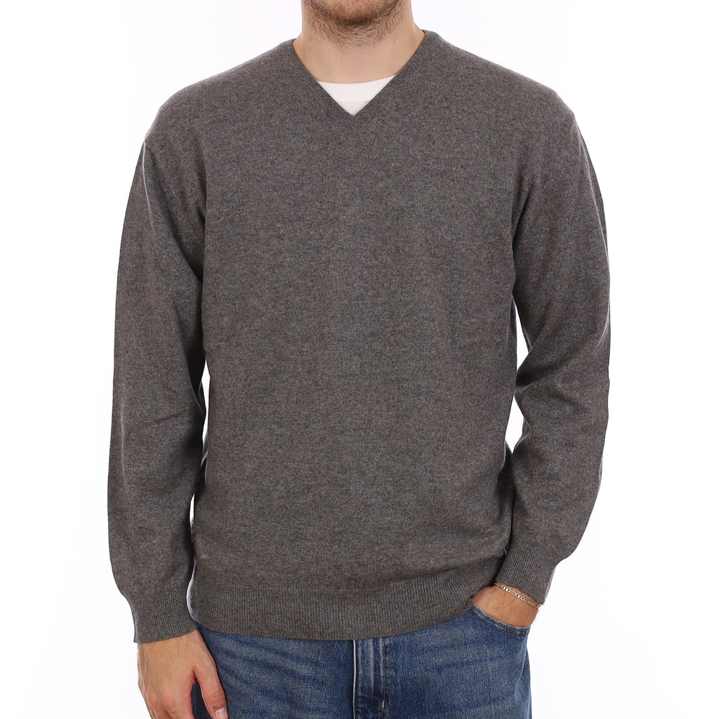 Men's Ash Grey Cashmere V Neck Jumper Large