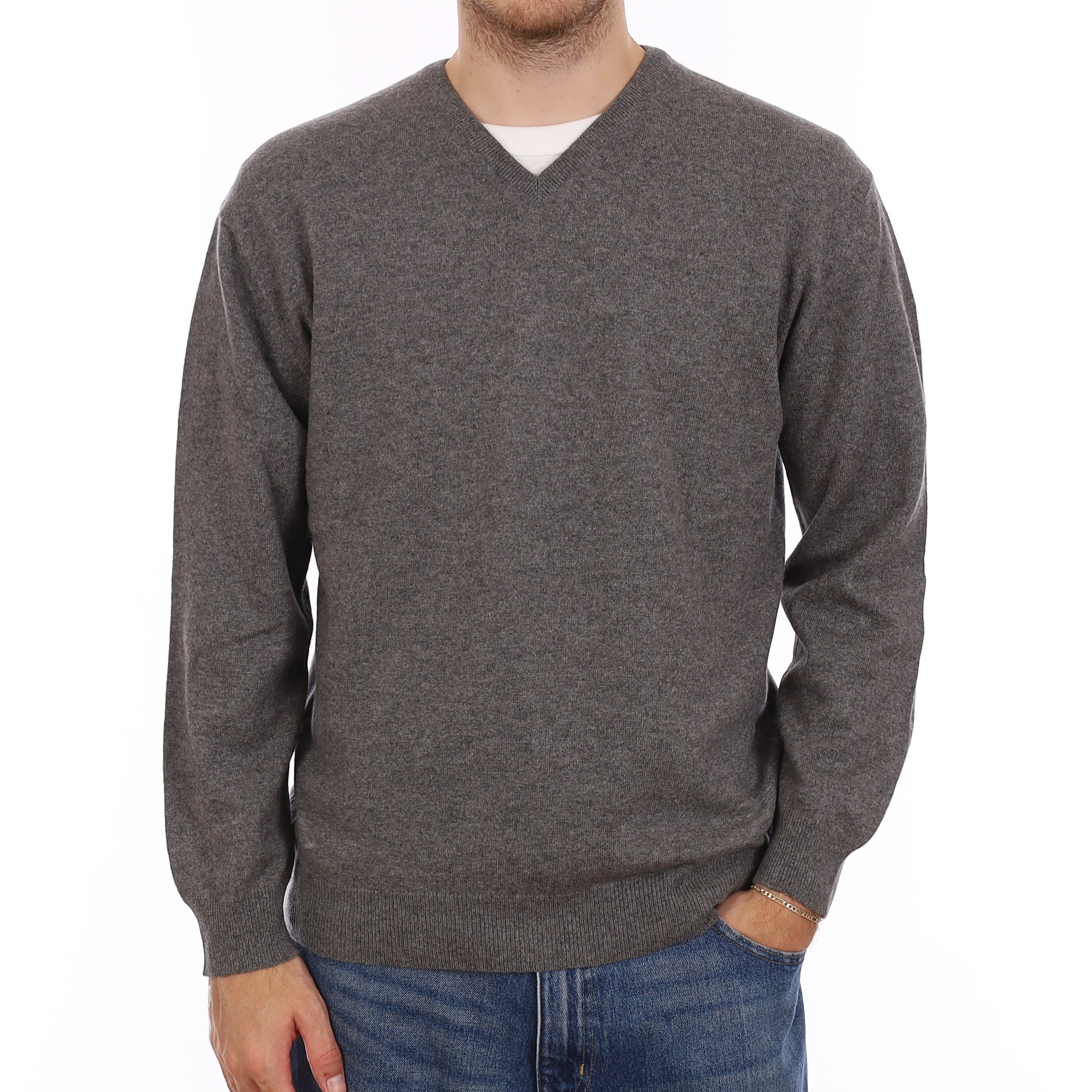 Men's Ash Grey Cashmere V Neck Jumper Large