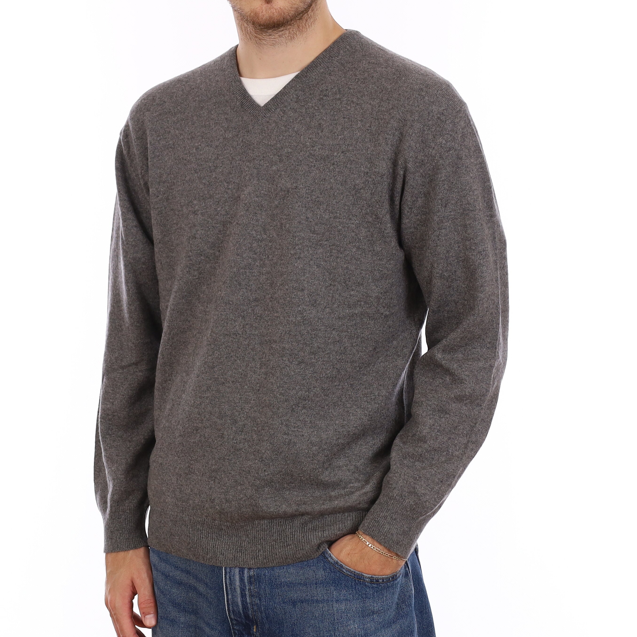 Men's Ash Grey Cashmere V Neck Jumper Large