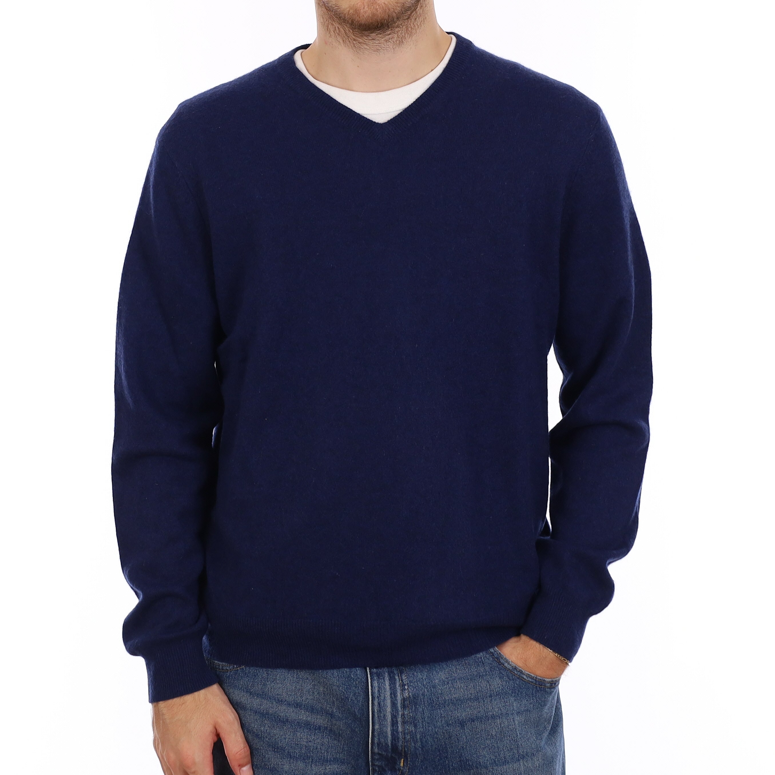 Men's Deep Navy Cashmere V Neck Jumper Large