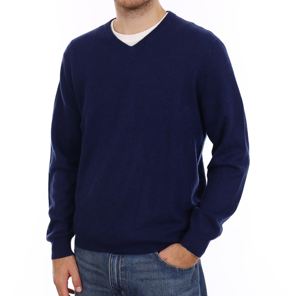 Men's Deep Navy Cashmere V Neck Jumper Large
