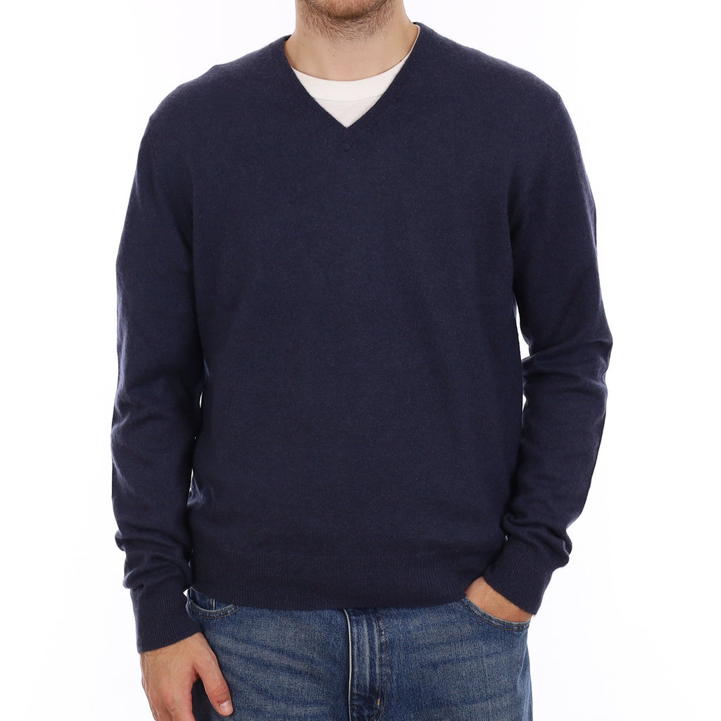 Men's Midnight Blue Cashmere V Neck Jumper Large