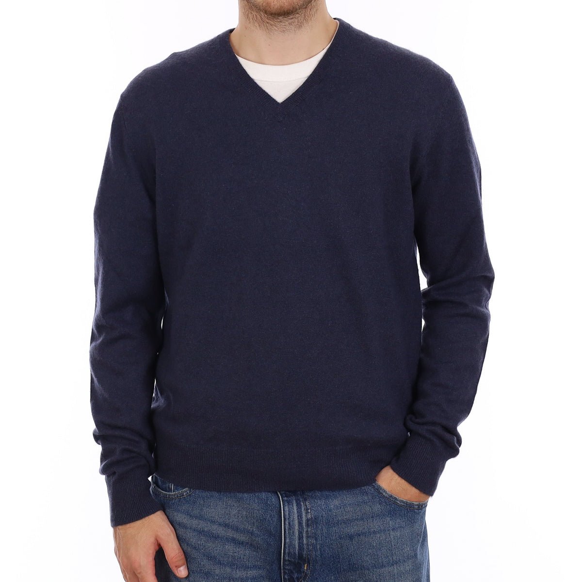 Men's Midnight Blue Cashmere V Neck Jumper Large