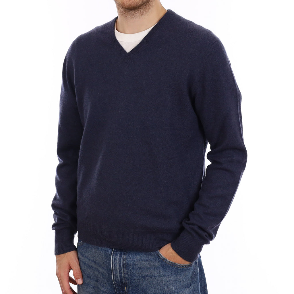 Men's Midnight Blue Cashmere V Neck Jumper Large