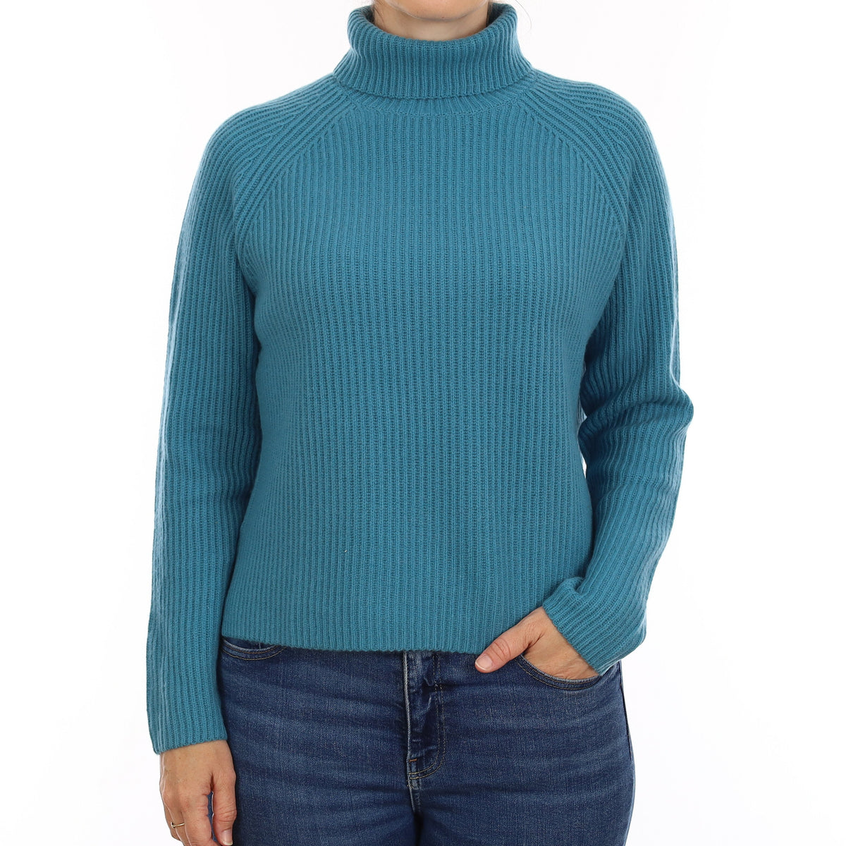 Brand New Island Blue Rib Cashmere Slouchy Turtleneck Jumper Small