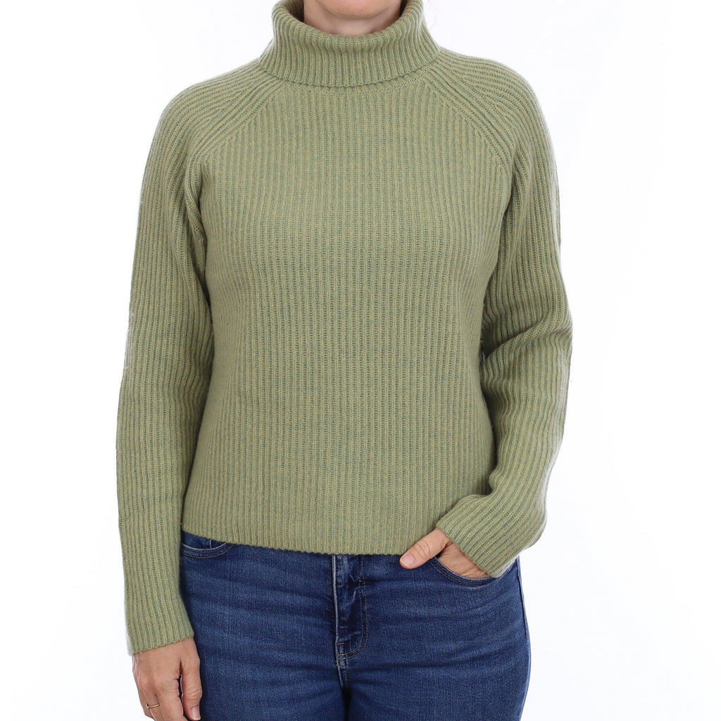 Brand New Sage Green Rib Cashmere Slouchy Turtleneck Jumper Small