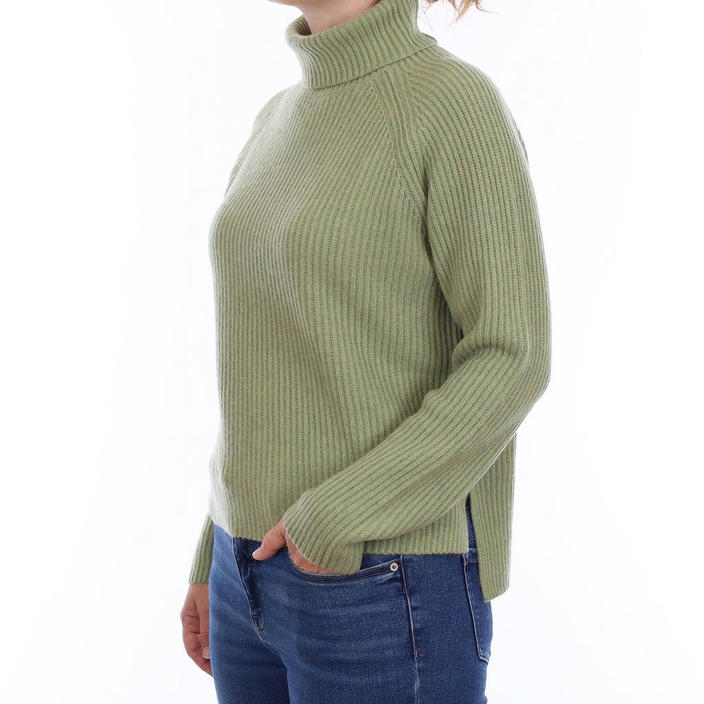Brand New Sage Green Rib Cashmere Slouchy Turtleneck Jumper Small
