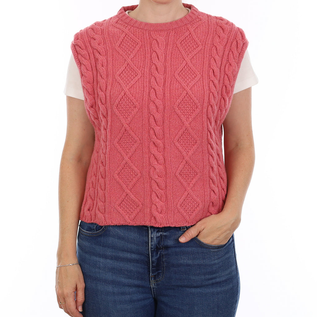 Brand New Scottish Raspberry Pink Chunky Cable Cashmere Tank Top Small