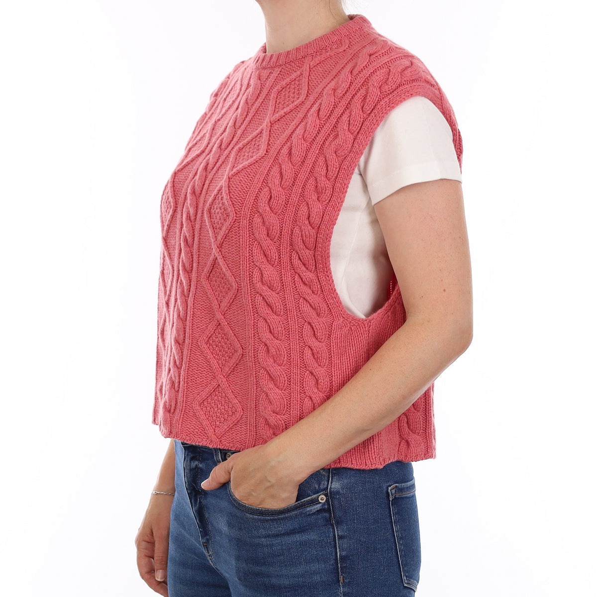 Brand New Scottish Raspberry Pink Chunky Cable Cashmere Tank Top Small