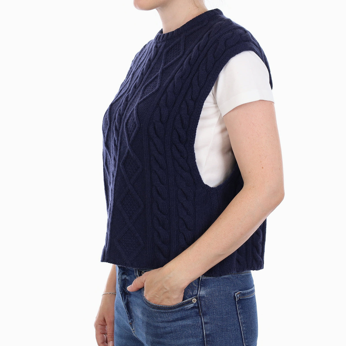 Brand New Scottish Navy Chunky Cable Cashmere Tank Top Small