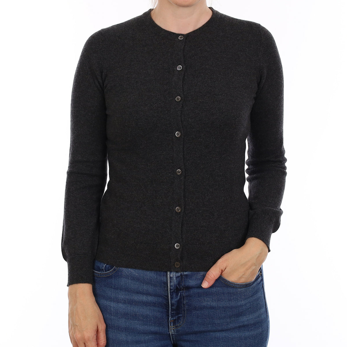 Brand New Scottish Charcoal Grey Cashmere Crew Neck Cardigan Small