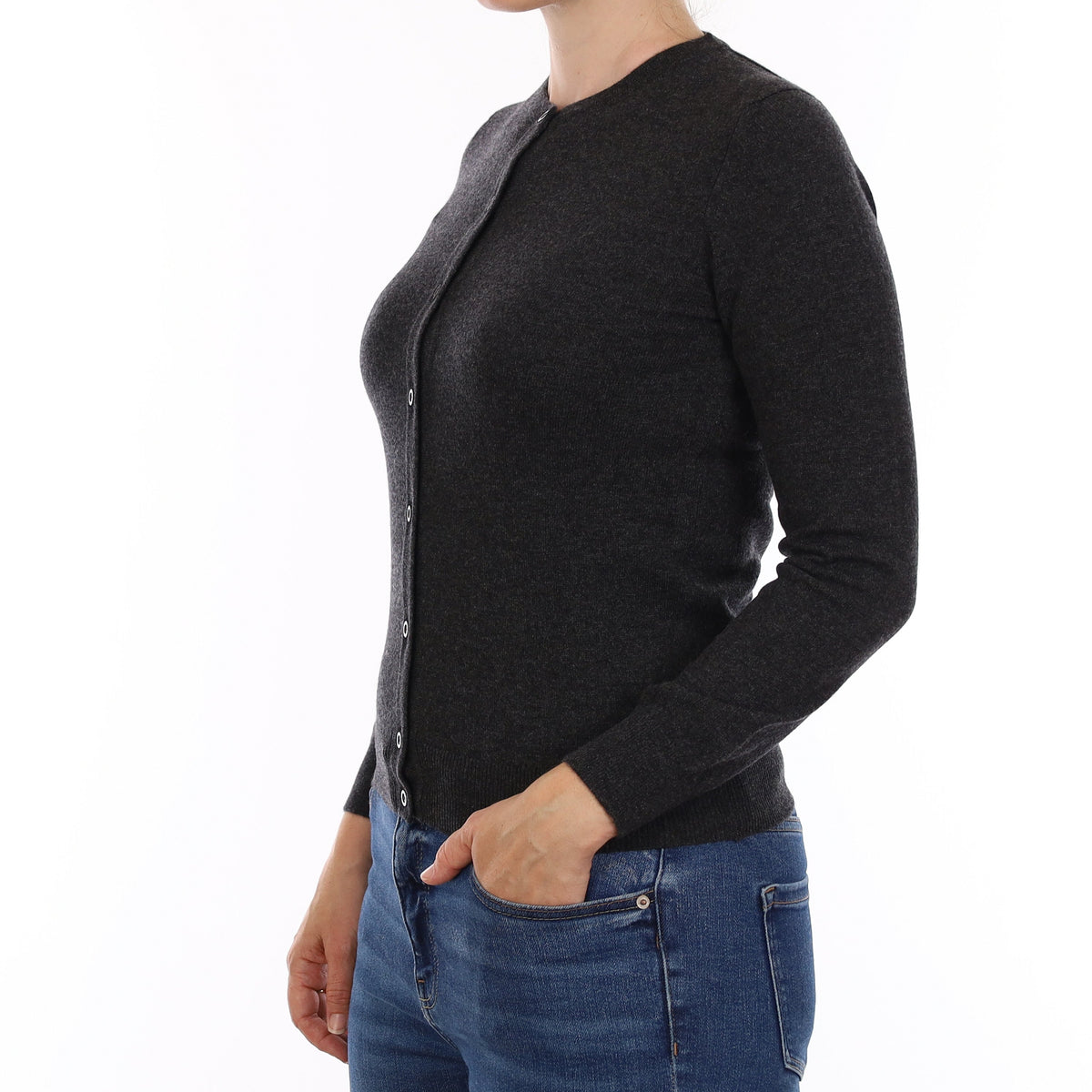 Brand New Scottish Charcoal Grey Cashmere Crew Neck Cardigan Small