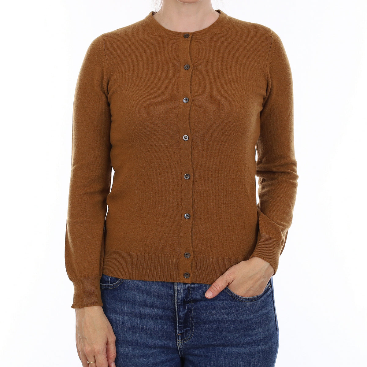 Brand New Scottish Cinnamon Brown Cashmere Crew Neck Cardigan Small
