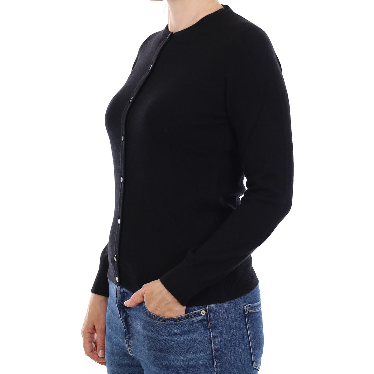 Brand New Scottish Black Cashmere Crew Neck Cardigan Small