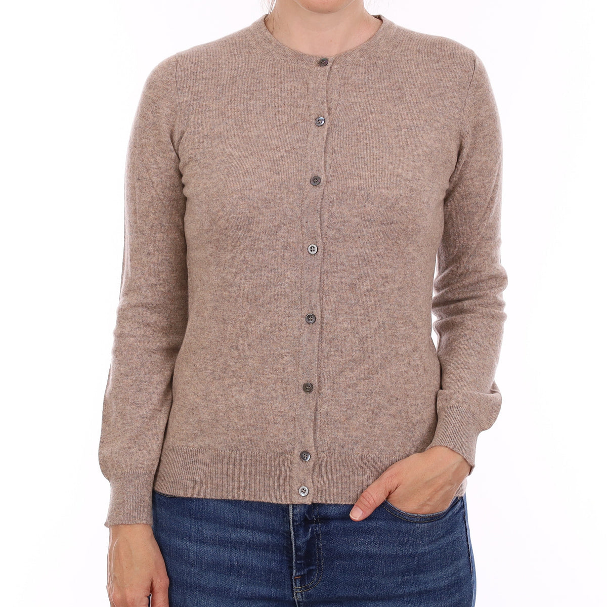 Brand New Scottish Mink Brown Cashmere Crew Neck Cardigan Small