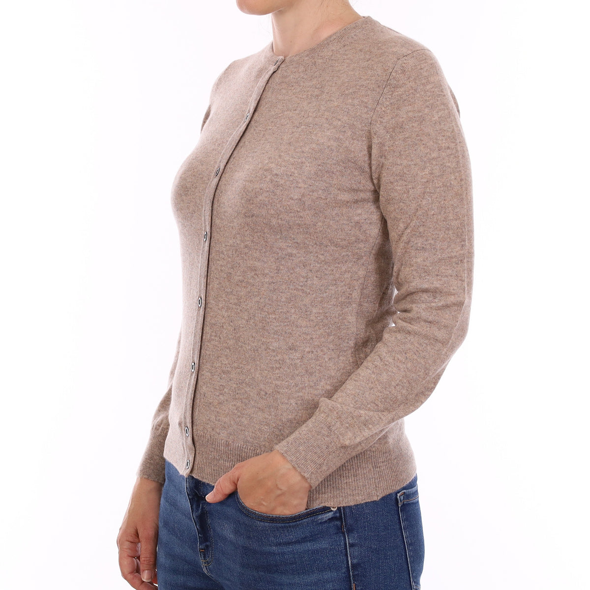 Brand New Scottish Mink Brown Cashmere Crew Neck Cardigan Small