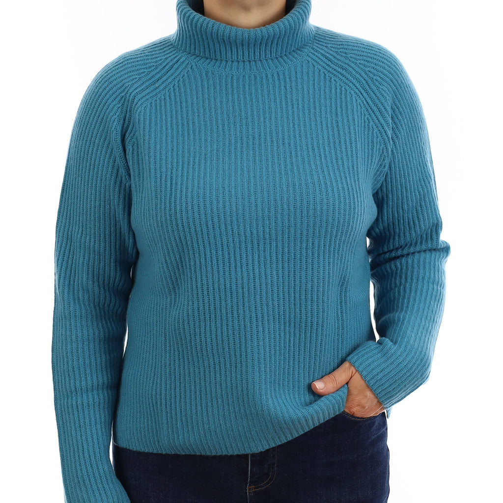 Brand New Island Blue Chunky Rib Cashmere Slouchy Polo Neck Jumper Medium