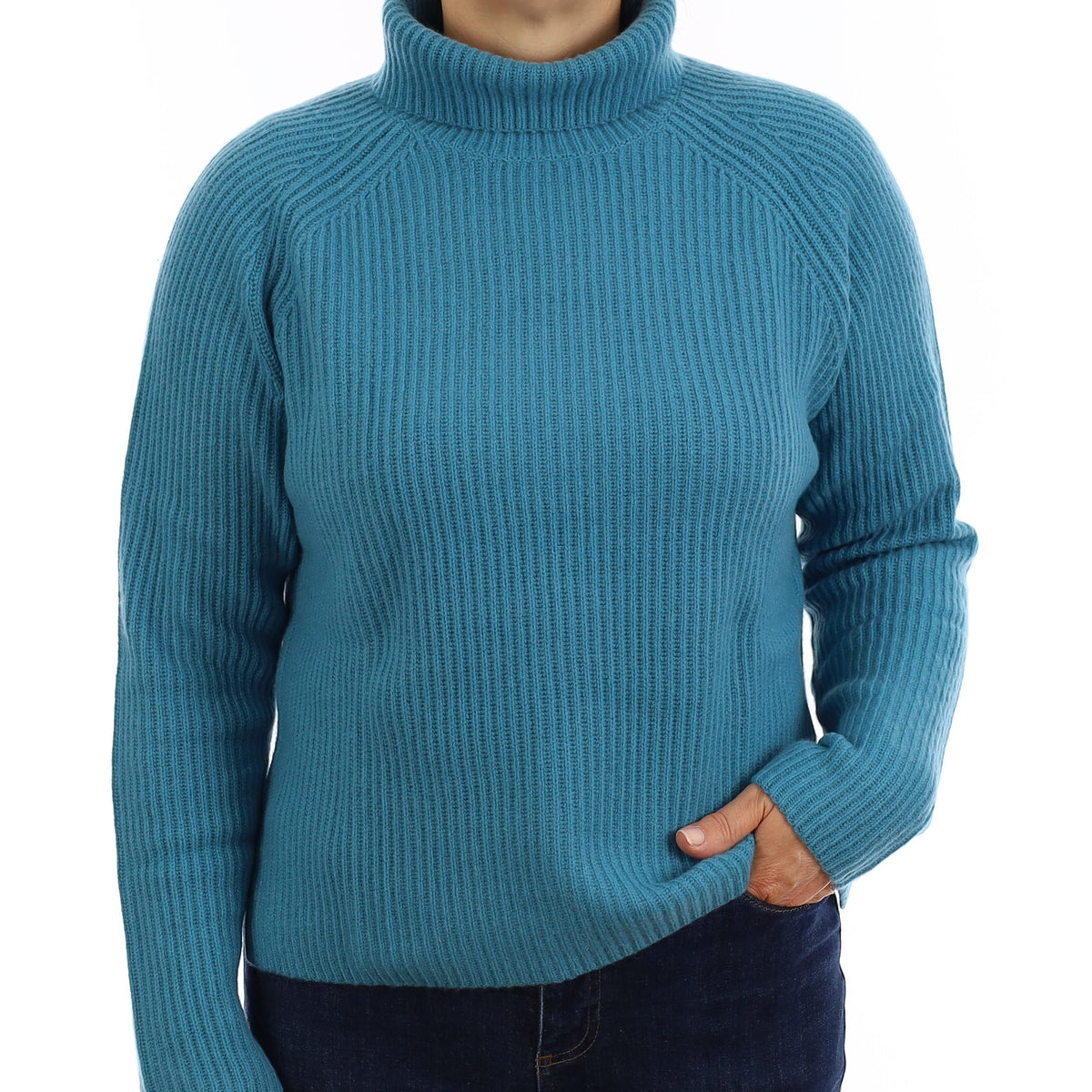 Brand New Island Blue Chunky Rib Cashmere Slouchy Polo Neck Jumper Medium