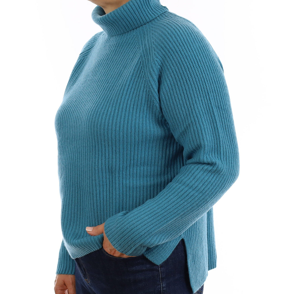Brand New Island Blue Chunky Rib Cashmere Slouchy Polo Neck Jumper Medium