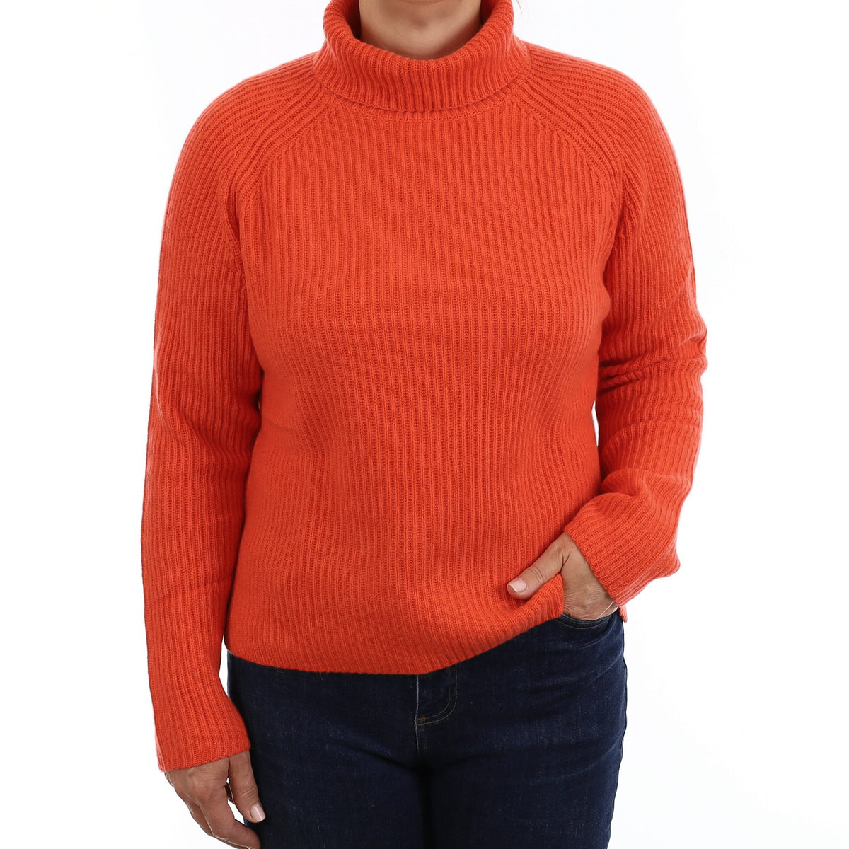 Brand New Flame Orange Chunky Cashmere Slouchy Polo Neck Jumper Small