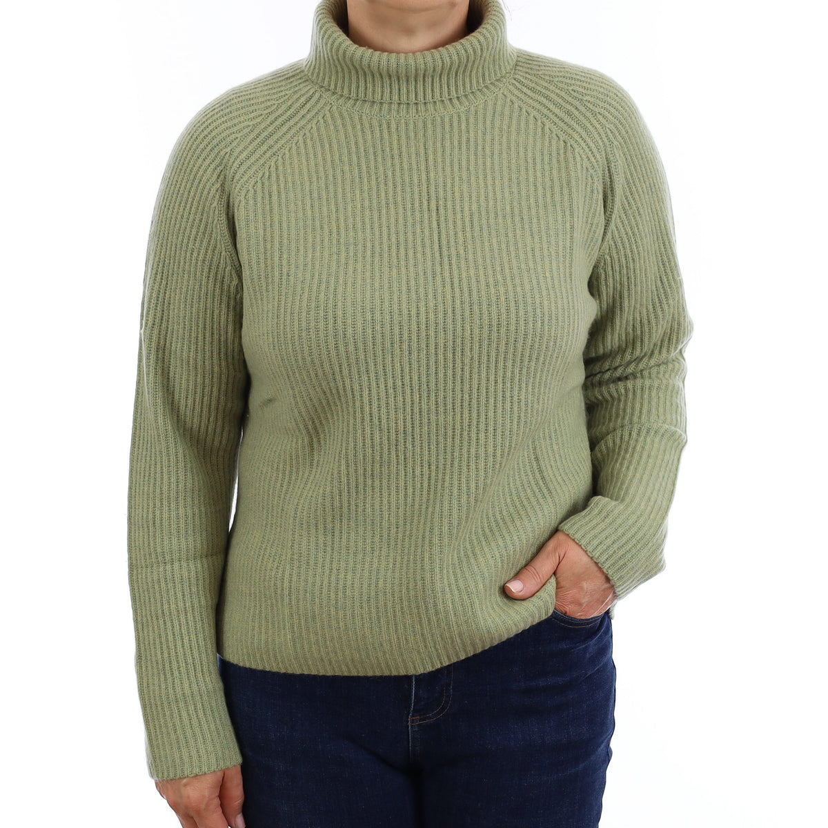 Brand New Sage Green Chunky Rib Cashmere Slouchy Polo Neck Jumper Medium