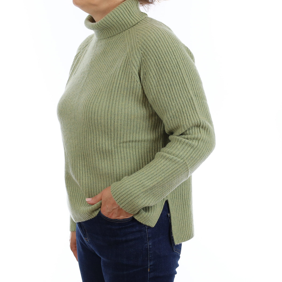 Brand New Sage Green Chunky Rib Cashmere Slouchy Polo Neck Jumper Medium