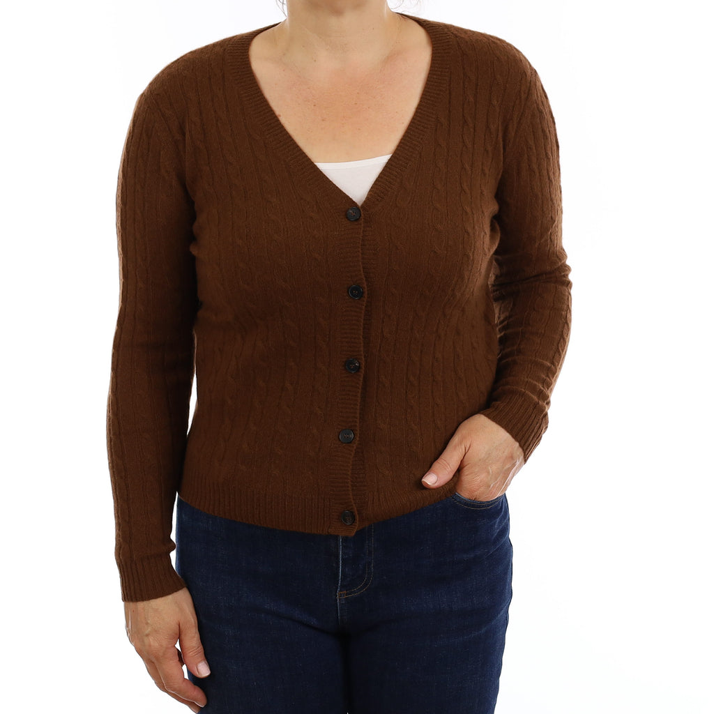Brand New Chestnut Brown Cable Cashmere V Neck Cardigan Medium