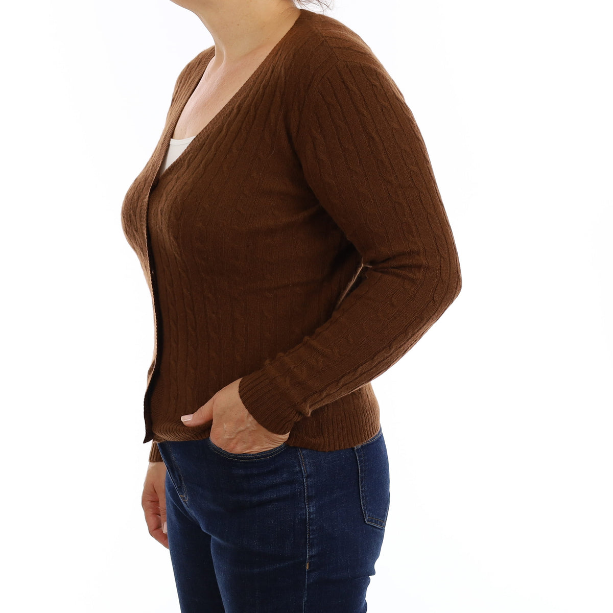 Brand New Chestnut Brown Cable Cashmere V Neck Cardigan Medium