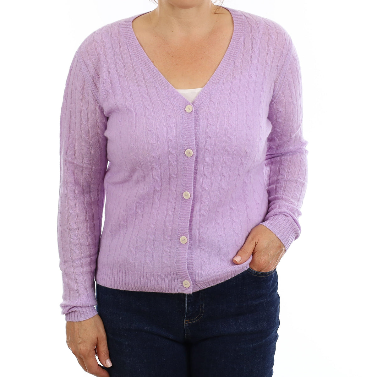 Brand New Lavender Cable Cashmere V Neck Cardigan Medium