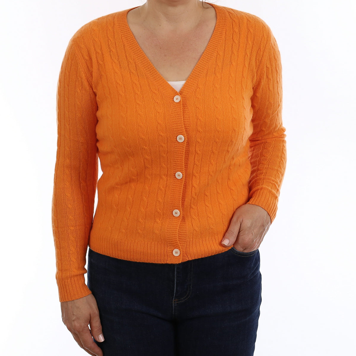 Brand New Clementine Orange Cable Cashmere V Neck Cardigan Medium