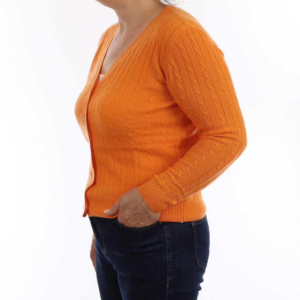 Brand New Clementine Orange Cable Cashmere V Neck Cardigan Medium