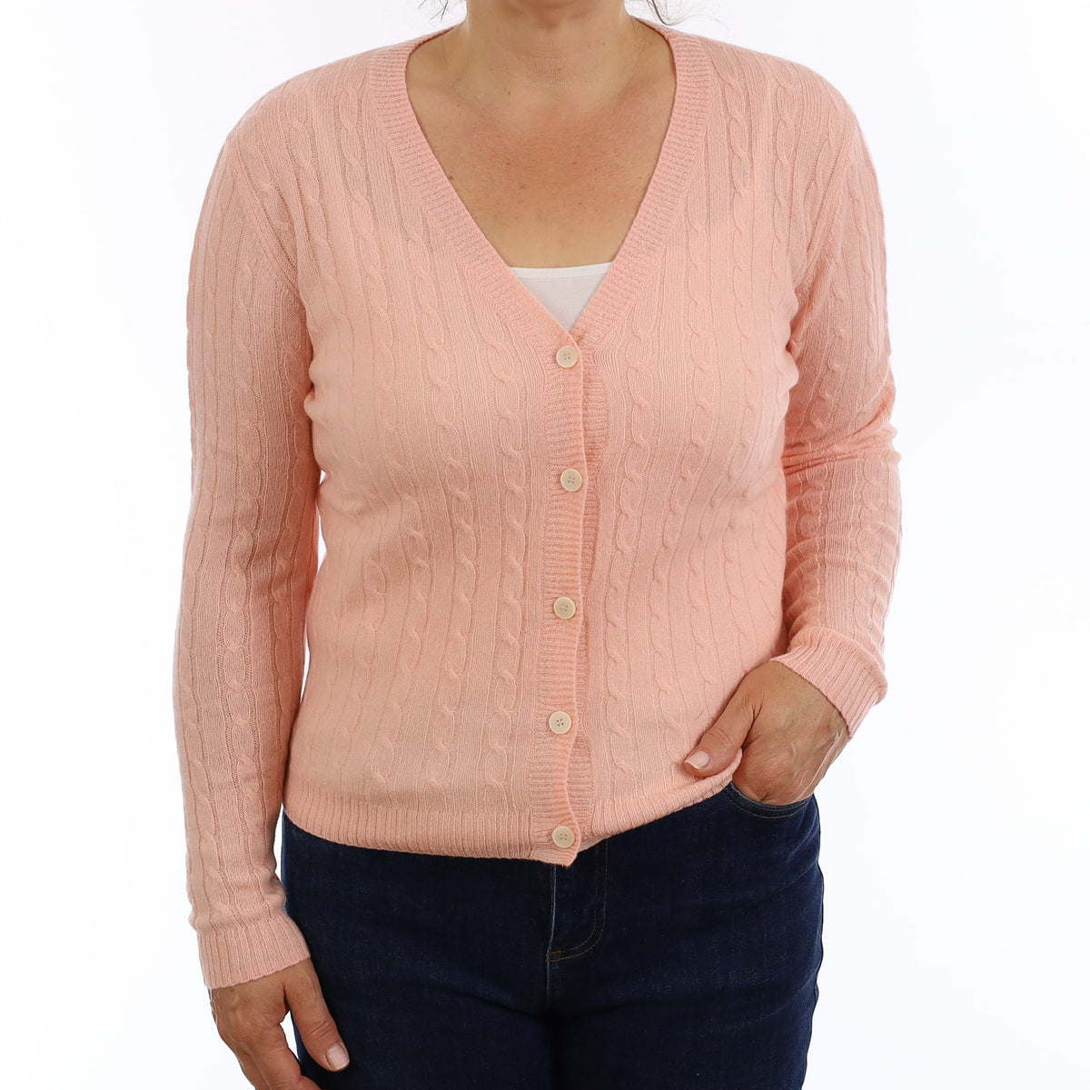 Brand New Peachy Pink Cable Cashmere V Neck Cardigan Medium