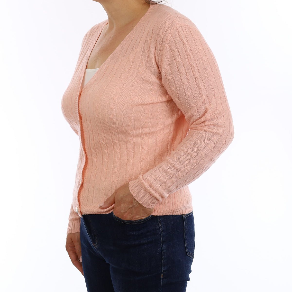 Brand New Peachy Pink Cable Cashmere V Neck Cardigan Medium