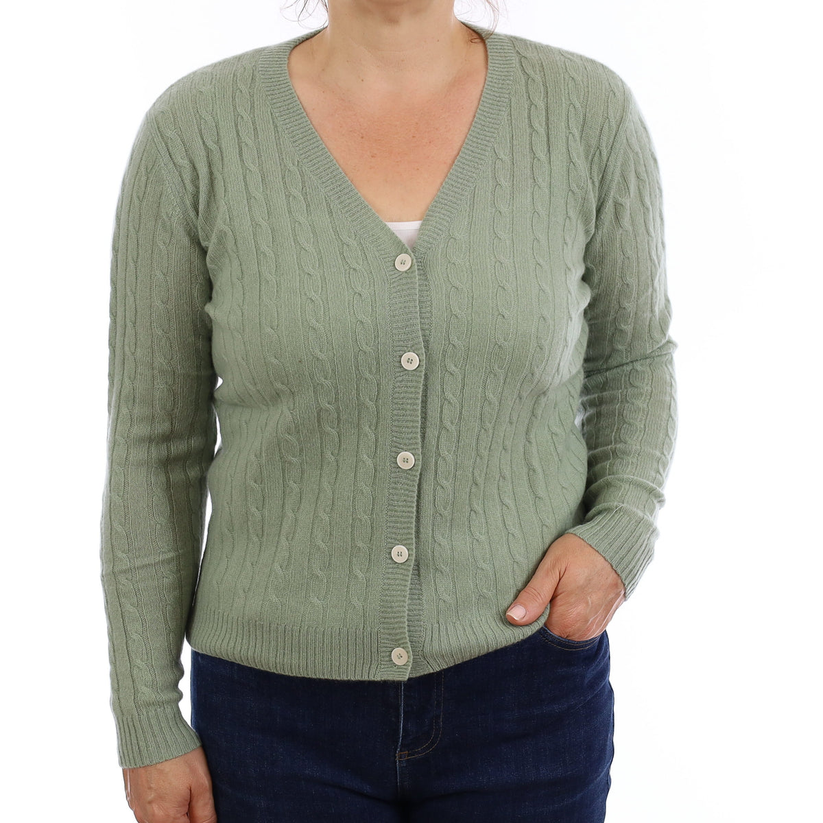 Brand New Sage Green Cable Cashmere V Neck Cardigan Medium
