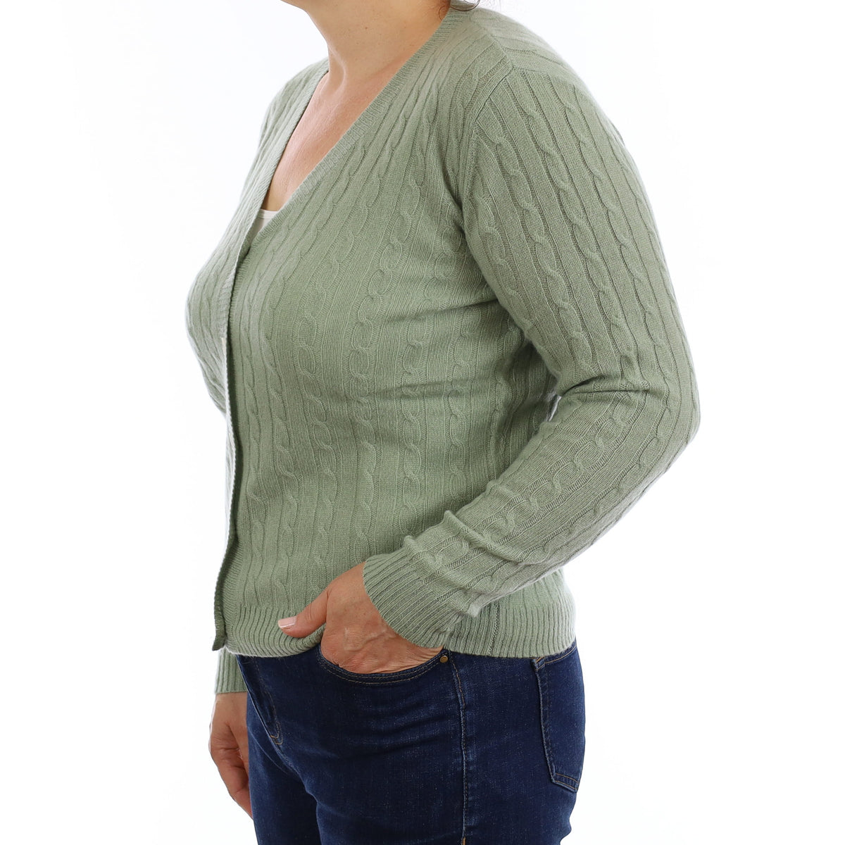 Brand New Sage Green Cable Cashmere V Neck Cardigan Medium