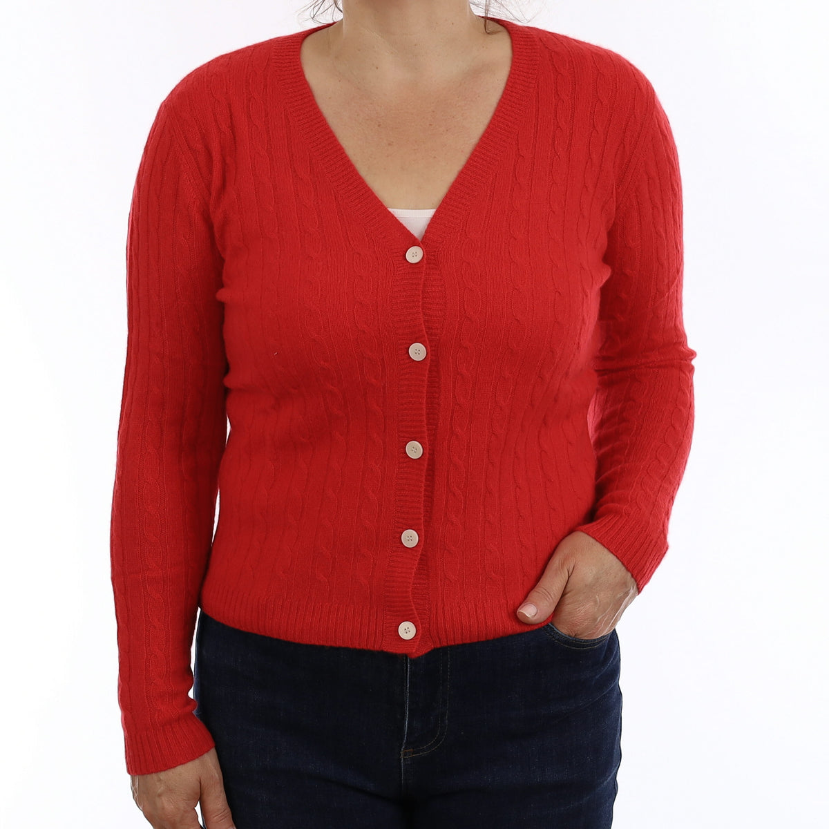 Brand New Spanish Red Cable Cashmere V Neck Cardigan Medium