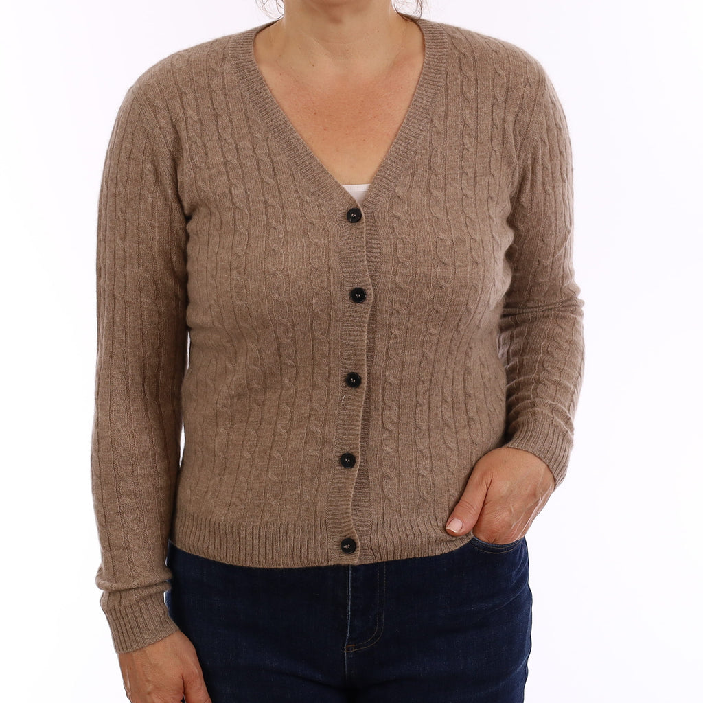 Brand New Taupe Cable Cashmere V Neck Cardigan Medium