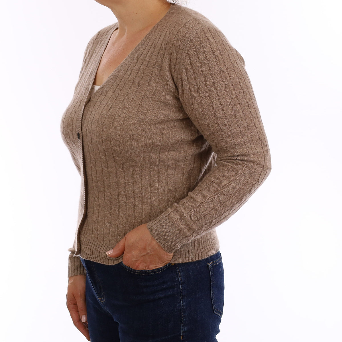 Brand New Taupe Cable Cashmere V Neck Cardigan Medium