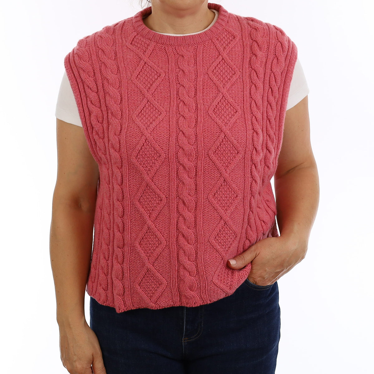 Brand New Scottish Rose Pink Chunky Cable Cashmere Slouchy Tank Top Medium
