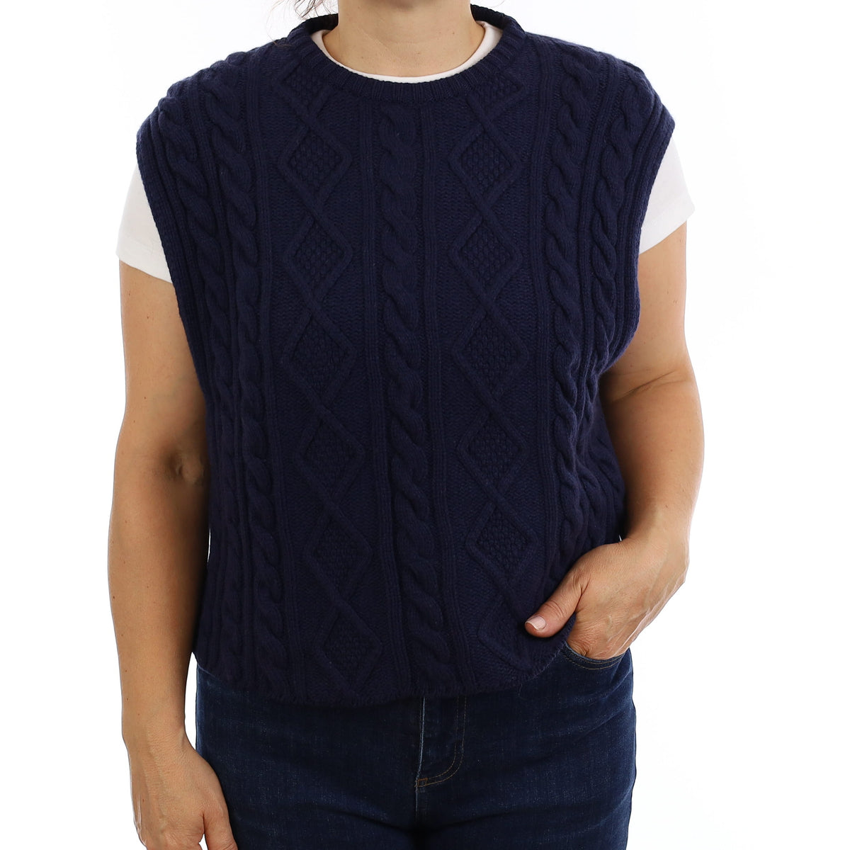 Brand New Scottish Navy Chunky Cable Cashmere Slouchy Tank Top Medium
